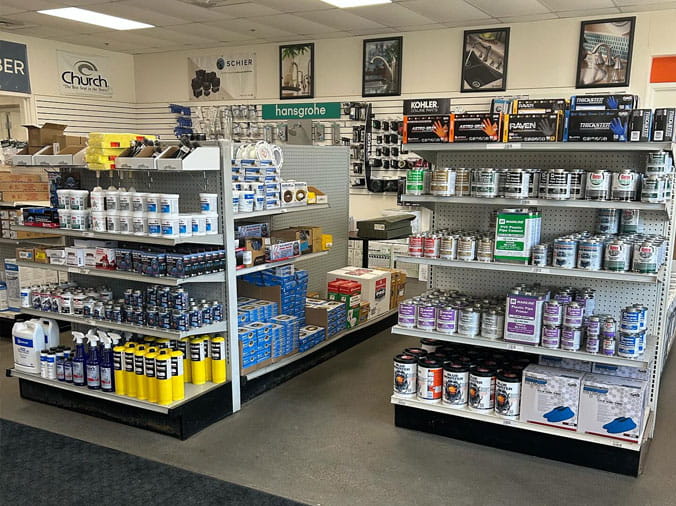 PLumbing supplies on shelves at Crawford Supply Itasca IL