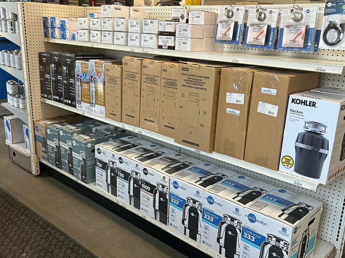 Products on stocked shelves at Crawford Plumbing Supply Itasca IL