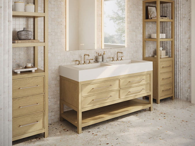 Rustic bathroom with wood cabinets