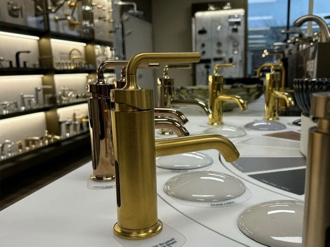 Faucets on display at Crawford Plumbing Supply Showroom Itasca IL
