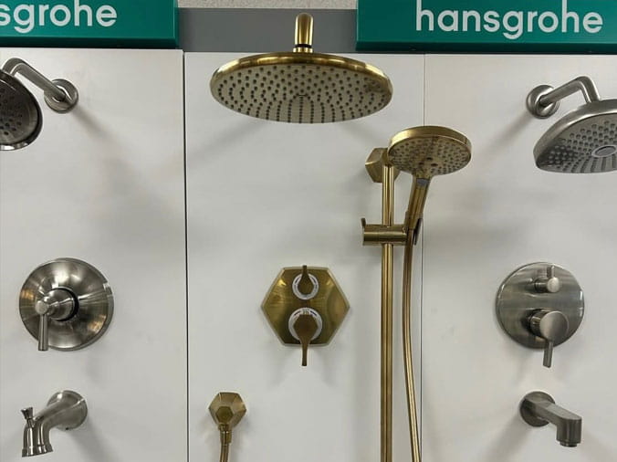 Hansgrohe shower heads and hardware in the Crawford Plumbing Supply Itasca IL Showroom