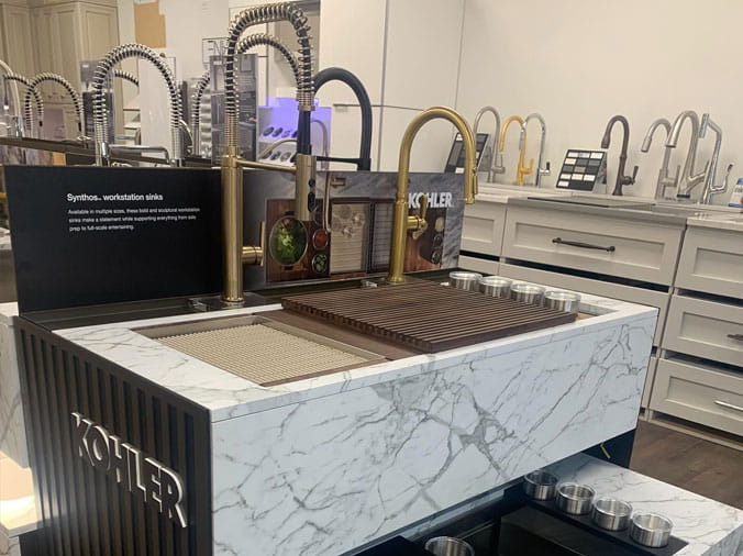 Kithen sink faucety display at Crawford Plumbing Supply Itasca IL