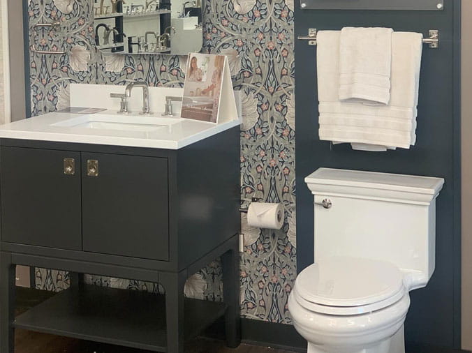 Bathroom vanity and toilet at Crawford Plumbing Supply Itasca IL